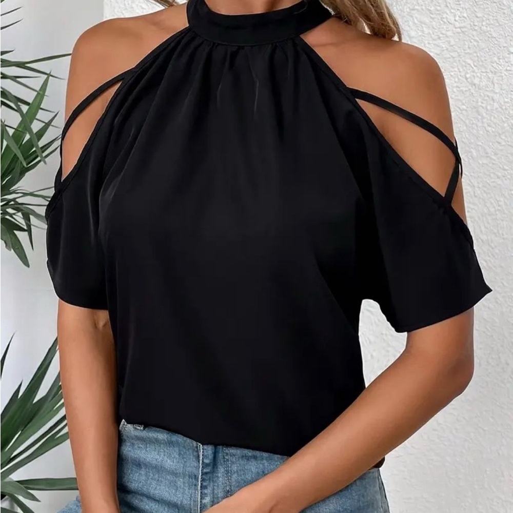 Black Cut Out Blouse with off Shoulder